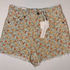 NWT‎ Zara 90s Short Romantic Floral print high waist raw hem jean shorts size 0